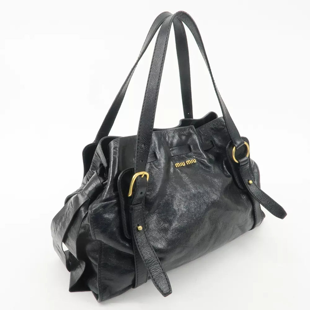 🌺🩷 Authentic MIU MIU Logo Leather Tote Bag Shoulder Bag Black🩷🍒 🤎🌆