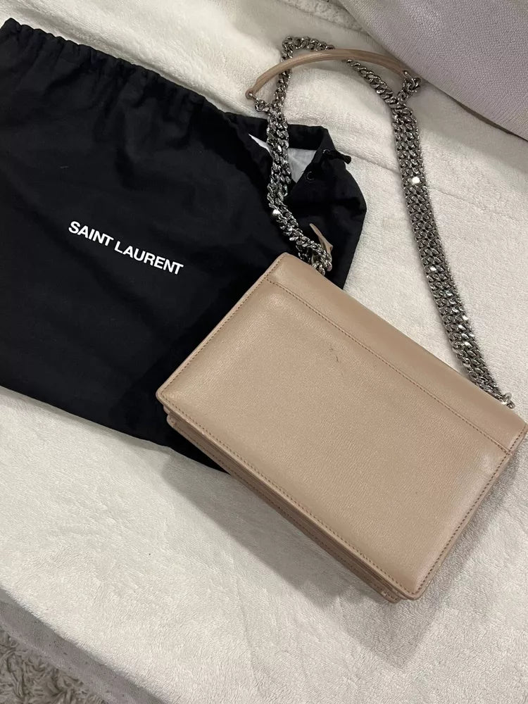 🌺🩷 Authentic YSL Saint Laurent Sunset Chained Medium Shoulder Bag Beige💜🍇 🤎🌆