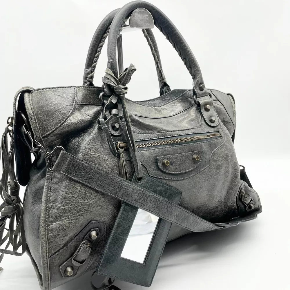 🌺🩷 Balenciaga 2way Handbag City Bag Dark Gray Leather 115748 Shoulder bag Authentic🪻🍃 🤎🌆