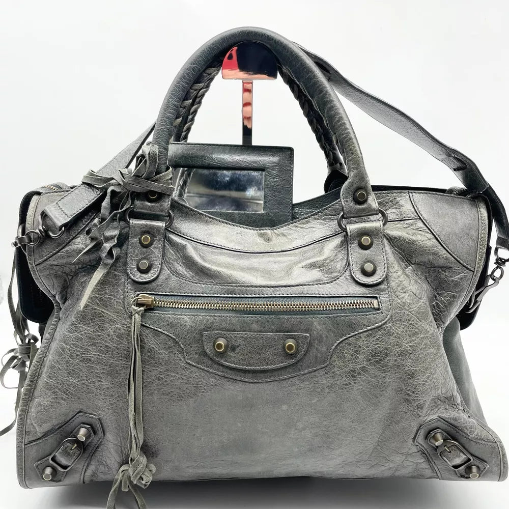 🌺🩷 Balenciaga 2way Handbag City Bag Dark Gray Leather 115748 Shoulder bag Authentic🪻🍃 🤎🌆