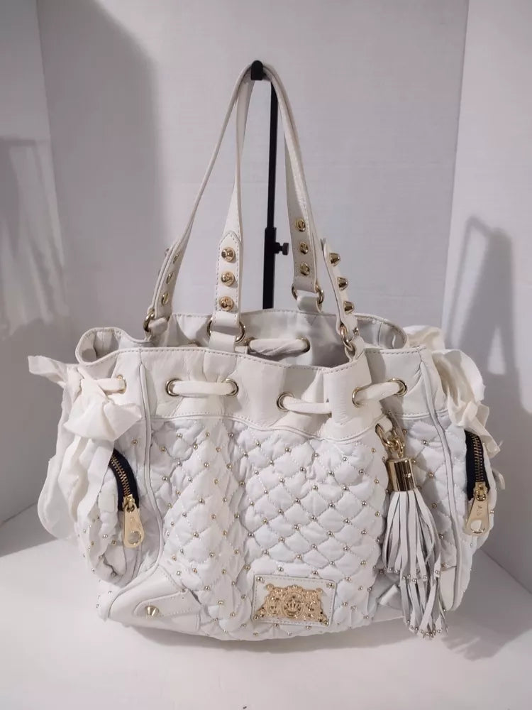🌺🩷 Juicy Couture Large Leather White Gold Beaded Bag Purse🌺🩷 🤎🌆