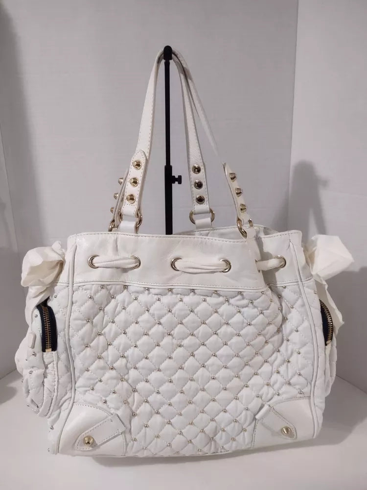 🌺🩷 Juicy Couture Large Leather White Gold Beaded Bag Purse🌺🩷 🤎🌆