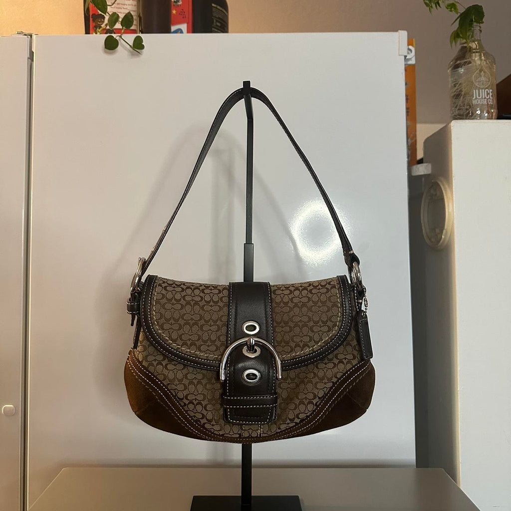 🌺🩷 Coach Vintage Y2K Brown Signature Suede/Canvas Mini Soho Shoulder Bag🍬⚡ 🤎🌆