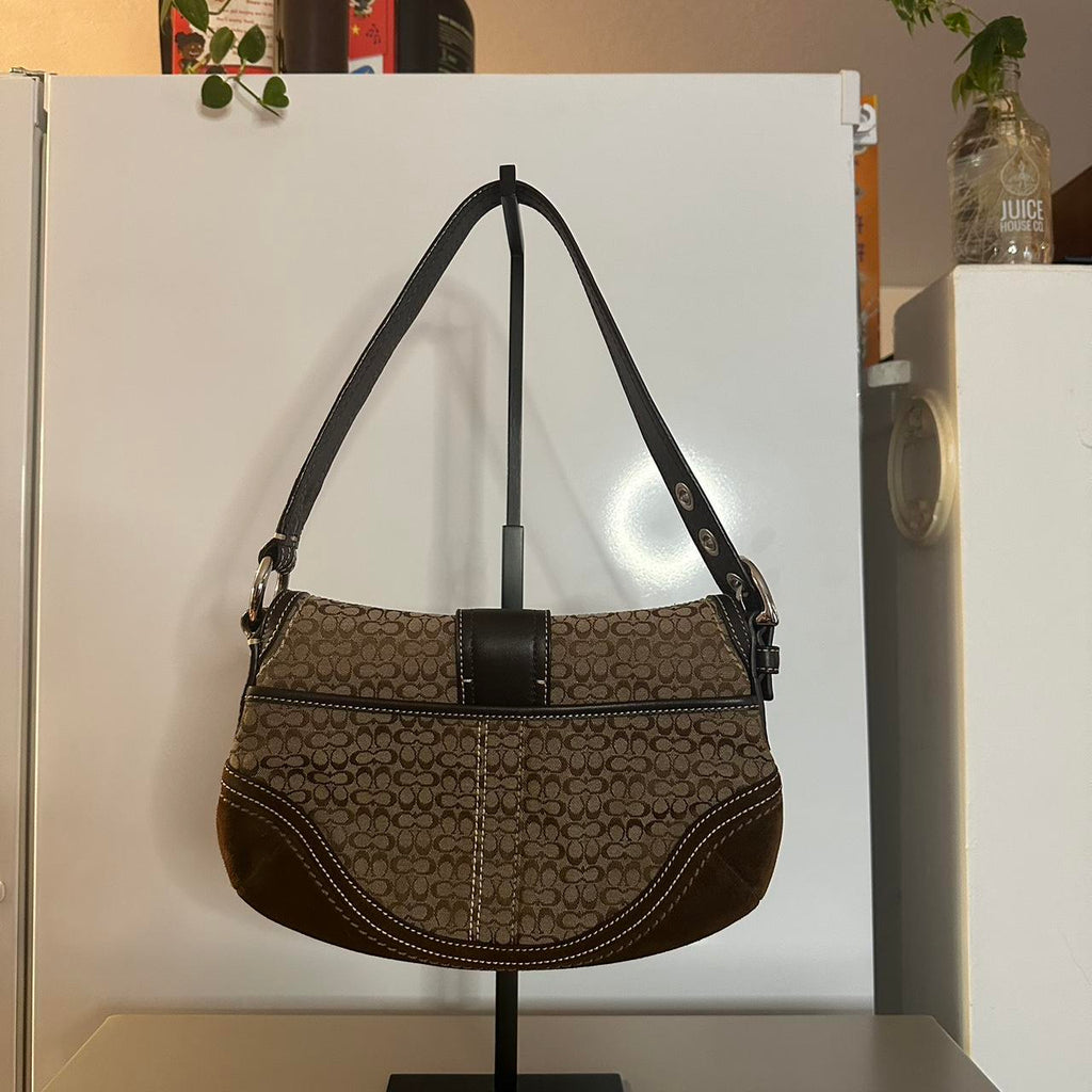 🌺🩷 Coach Vintage Y2K Brown Signature Suede/Canvas Mini Soho Shoulder Bag🍬⚡ 🤎🌆