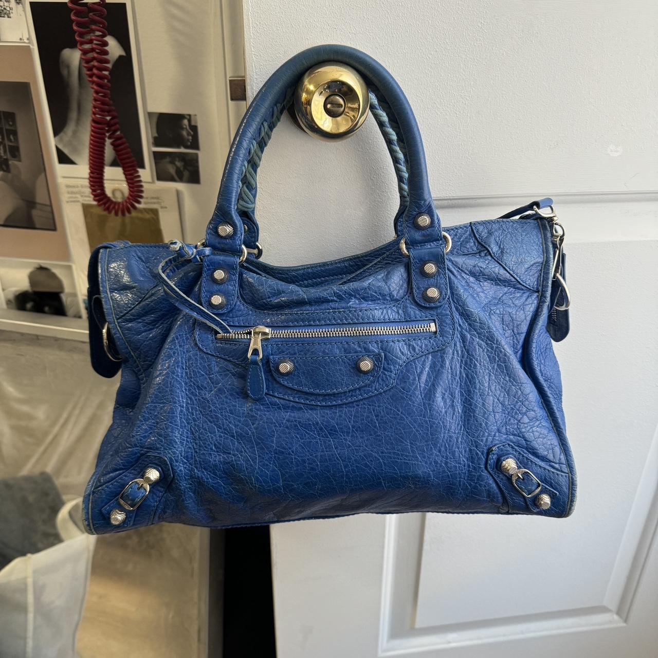 🌺🩷 PreOwned Authentic Balenciaga city bag blue lambskin leather💜🍇 🤎🌆