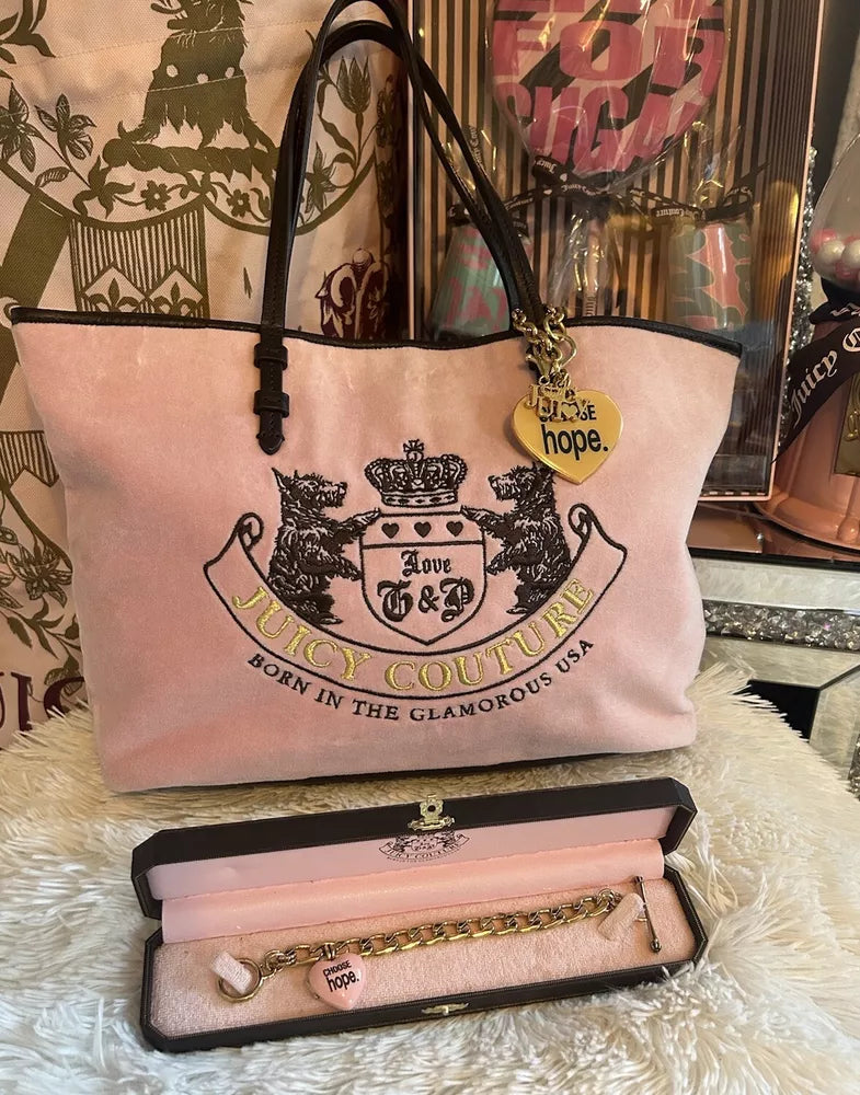 🌺🩷 RARE Juicy Couture St. Jude’s CHOOSE HOPE Pink Velour Tote Matching Bracelet🥬🎄 🤎🌆