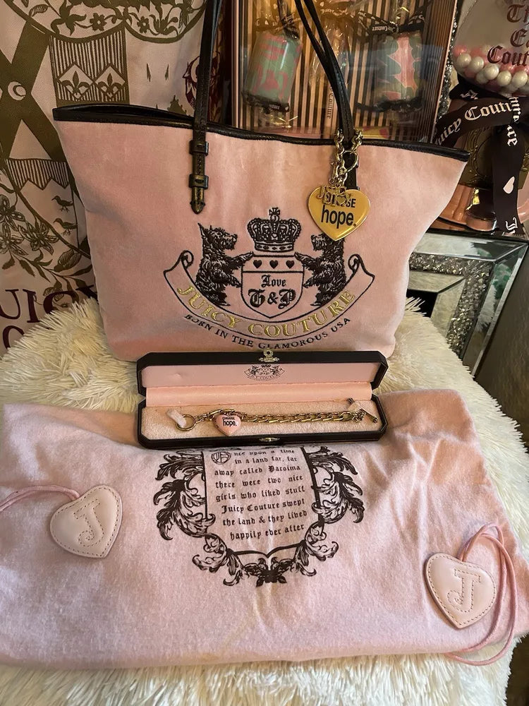 🌺🩷 RARE Juicy Couture St. Jude’s CHOOSE HOPE Pink Velour Tote Matching Bracelet🥬🎄 🤎🌆