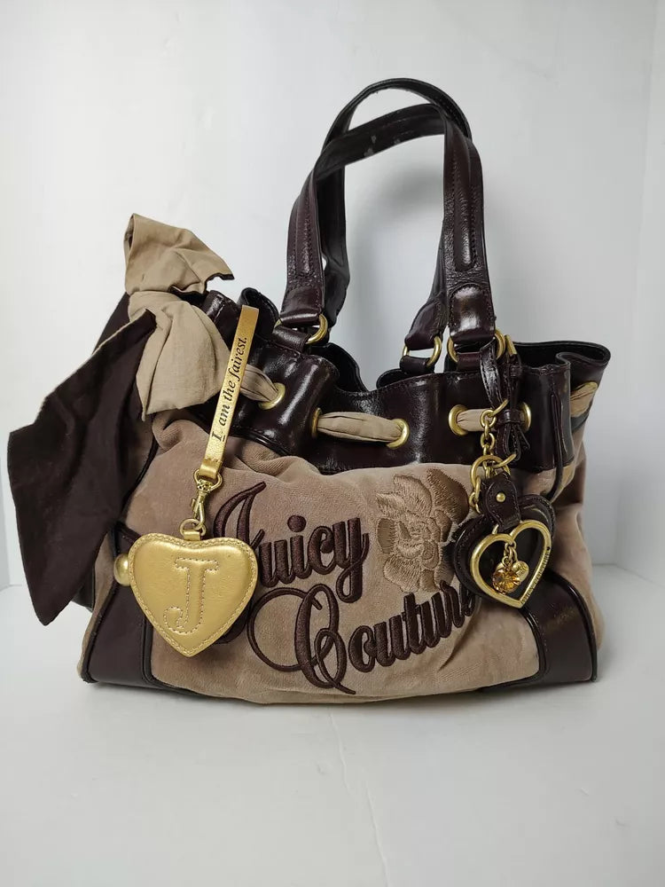 🌺🩷 Vintage Juicy Couture Purse Shoulder Bag Velour Tan Brown Y2K🌲🍀 🤎🌆