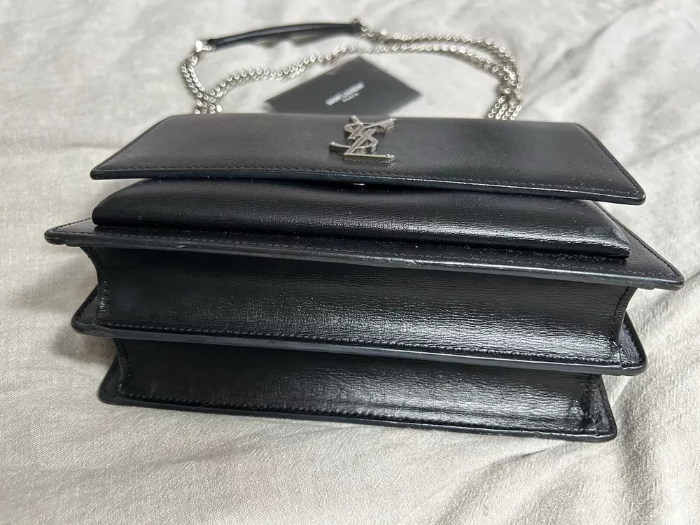 🌺🩷 YSL Saint Laurent Sunset Shoulder Bag Medium Black Leather💜🍇 🤎🌆