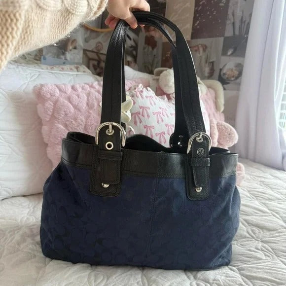 🌺🩷 💙 Y2K Coach SoHo Blue Monogram Glittery/Shimmery Large Tote Bag/Purse 💙 🤎🌆