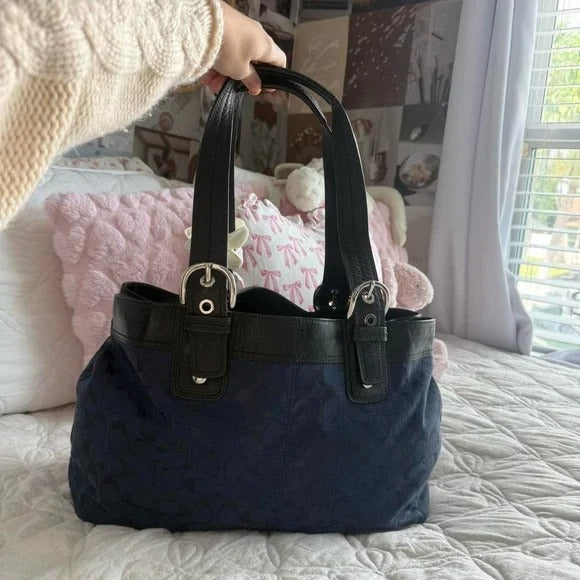 🌺🩷 💙 Y2K Coach SoHo Blue Monogram Glittery/Shimmery Large Tote Bag/Purse 💙 🤎🌆
