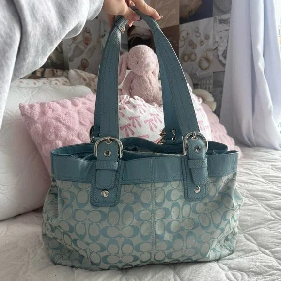 🌺🩷 💙 Y2K Coach Blue Large Monogram Tote Bag + Matching Wallet 💙 🤎🌆