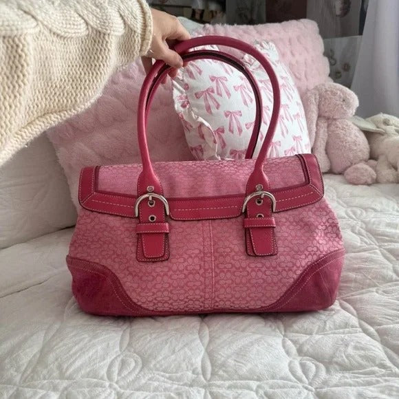 🌺🩷 💖 Y2K Coach Barbie Pink Monogram Satchel Bag 💖 🤎🌆