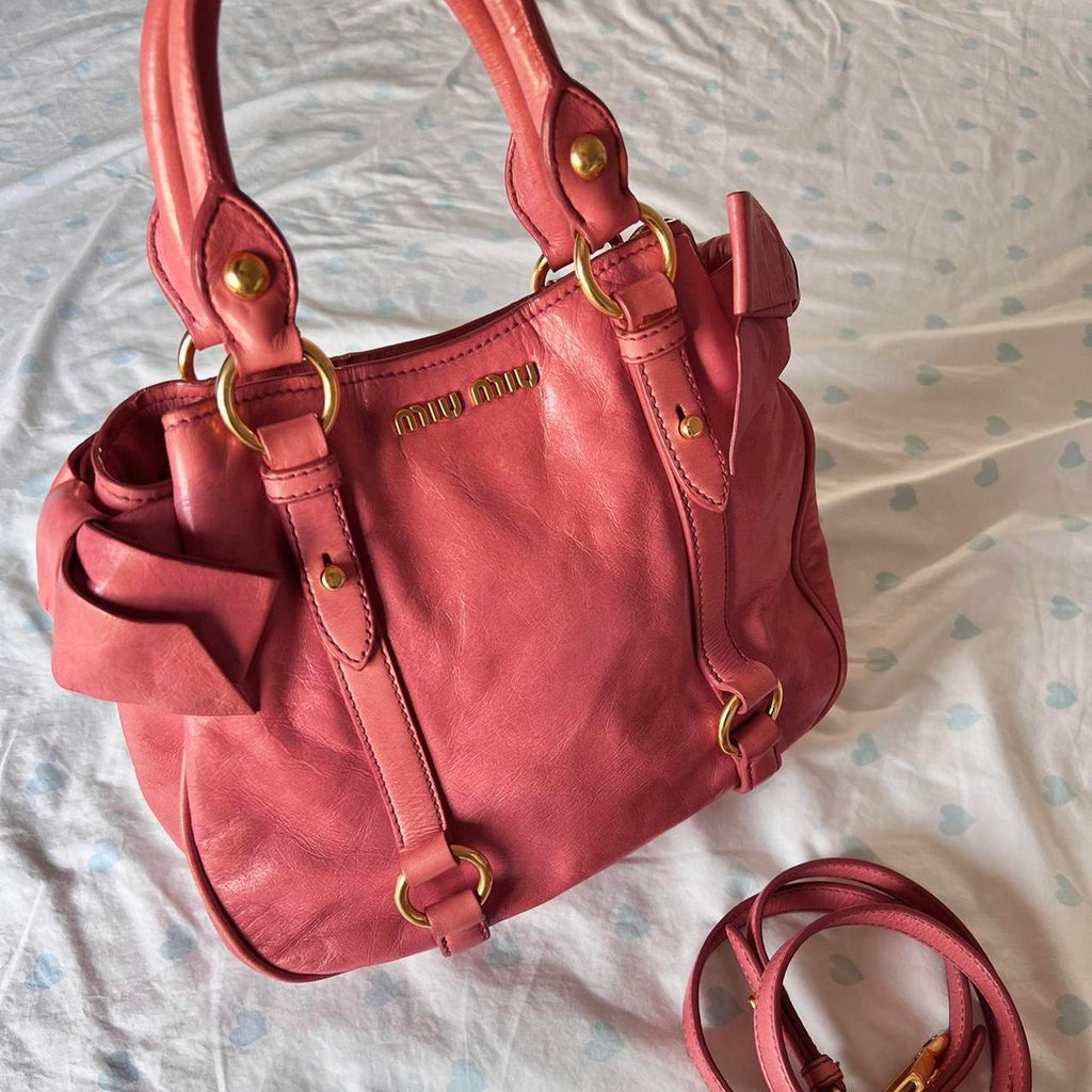 🌺🩷 Authentic Pink Miu Miu Vitello Lux Bow Bag With Gold Hardware🍒❤️‍🔥 🤎🌆