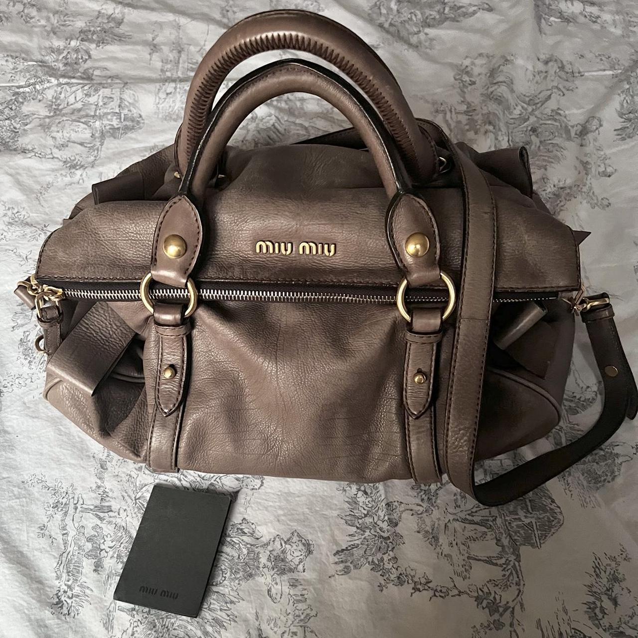 🌺🩷 Authentic Miu Miu Purple Grey Leather Vitello Lux Bow Bag In Gold Hardware With Removable Strap🤎🌆 🤎🌆